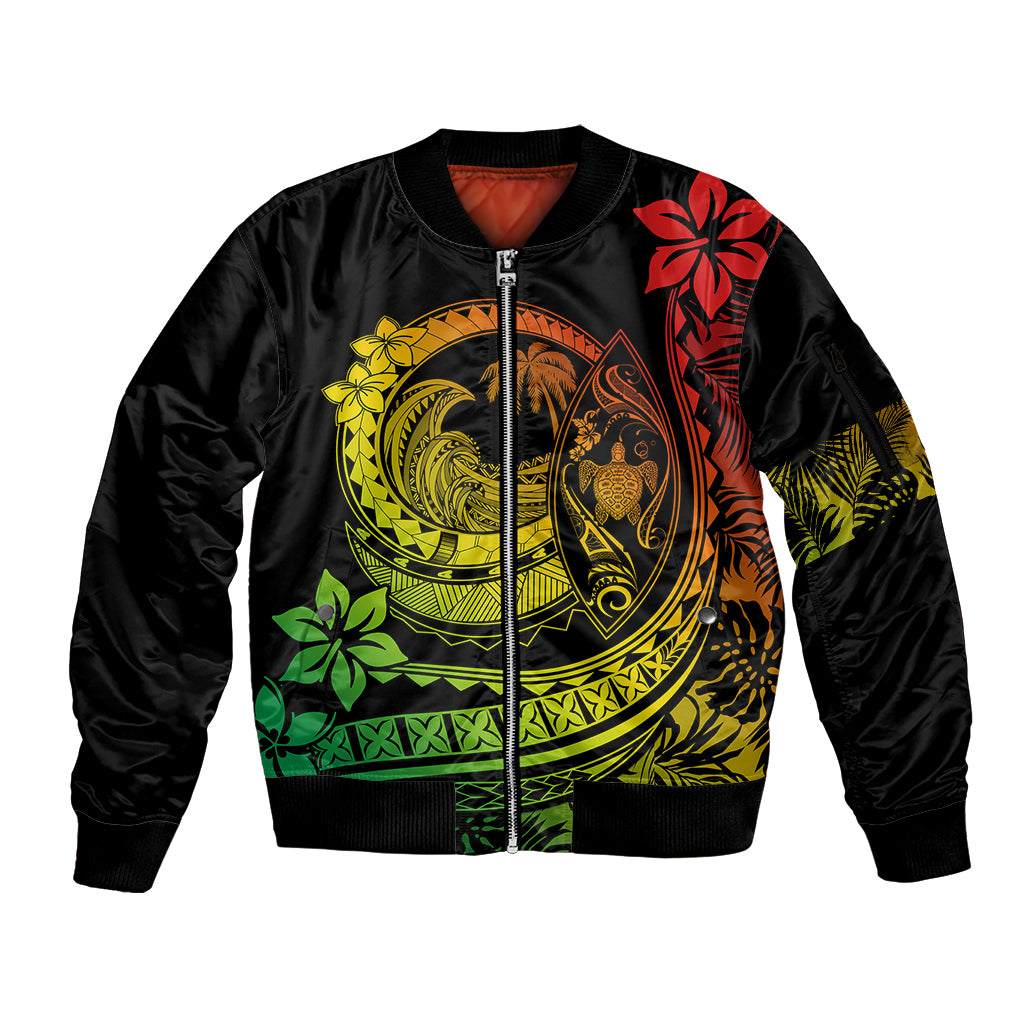 Polynesian Plumeria Sleeve Zip Bomber Jacket Ride The Waves - Reggae LT7 Unisex Reggae - Polynesian Pride