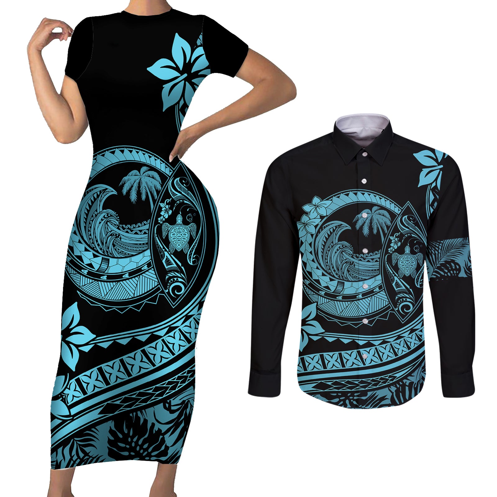 Polynesian Plumeria Couples Matching Short Sleeve Bodycon Dress and Long Sleeve Button Shirts Ride The Waves - Turquoise LT7 Turquoise - Polynesian Pride