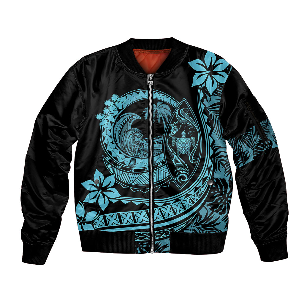 Polynesian Plumeria Sleeve Zip Bomber Jacket Ride The Waves - Turquoise LT7 Unisex Turquoise - Polynesian Pride