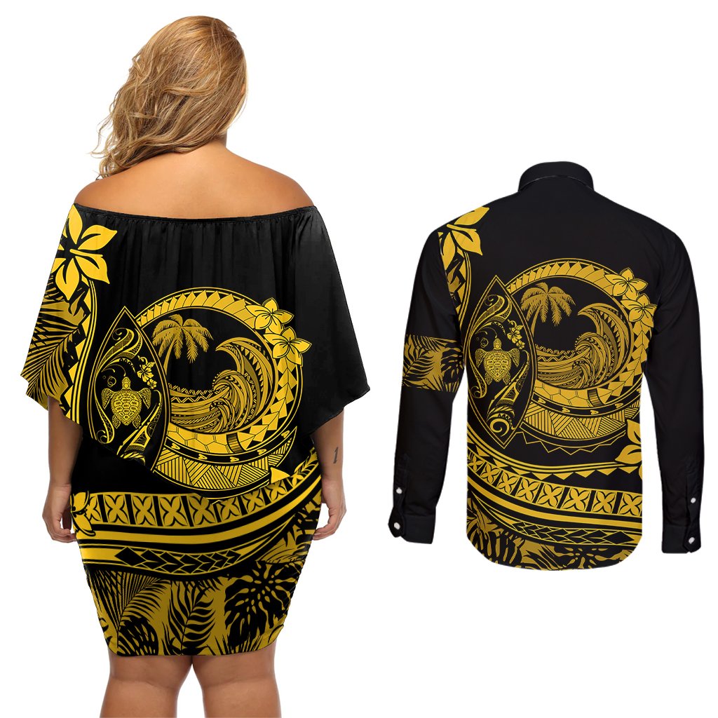 Polynesian Plumeria Couples Matching Off Shoulder Short Dress and Long Sleeve Button Shirts Ride The Waves - Yellow LT7 - Polynesian Pride