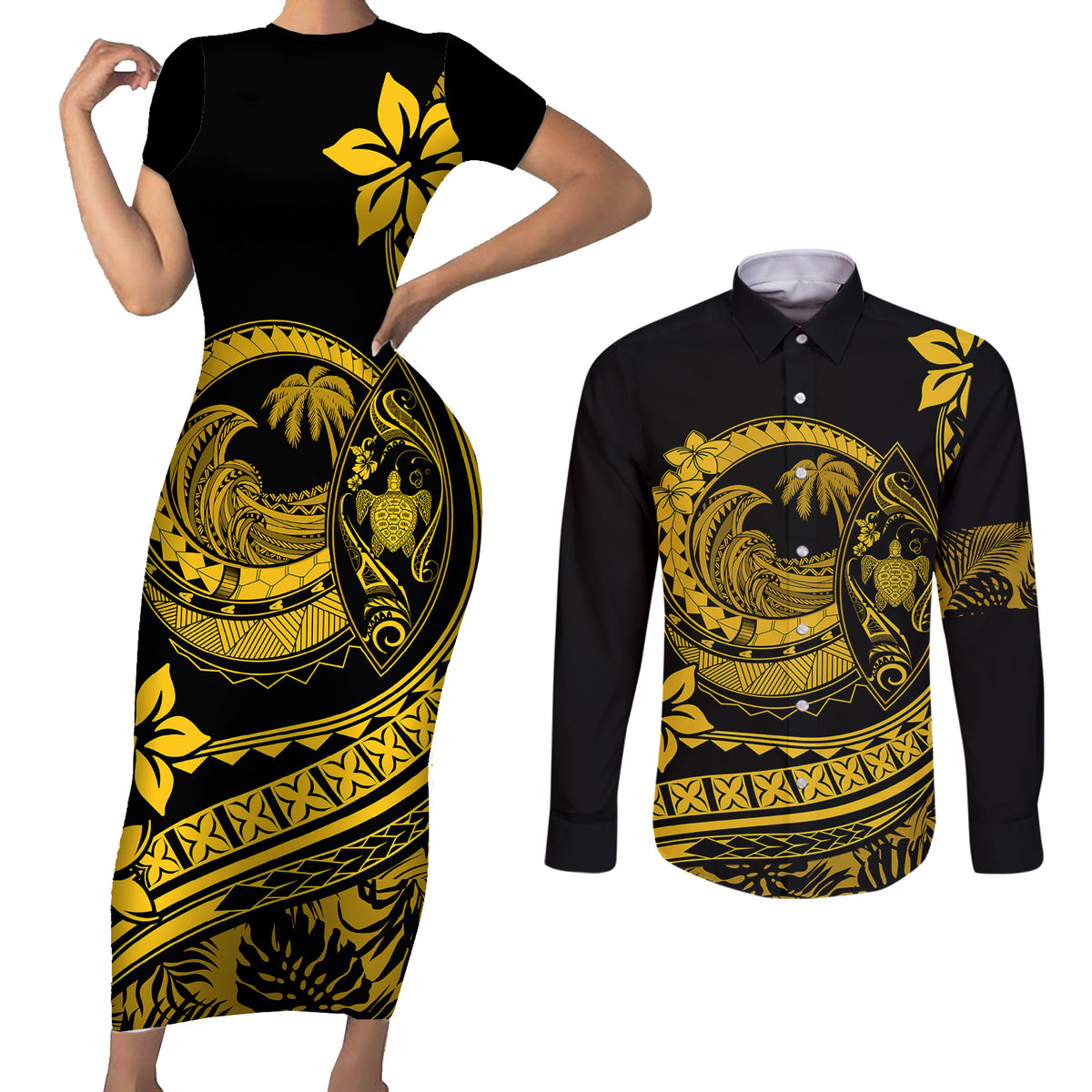 Polynesian Plumeria Couples Matching Short Sleeve Bodycon Dress and Long Sleeve Button Shirts Ride The Waves - Yellow LT7 Yellow - Polynesian Pride