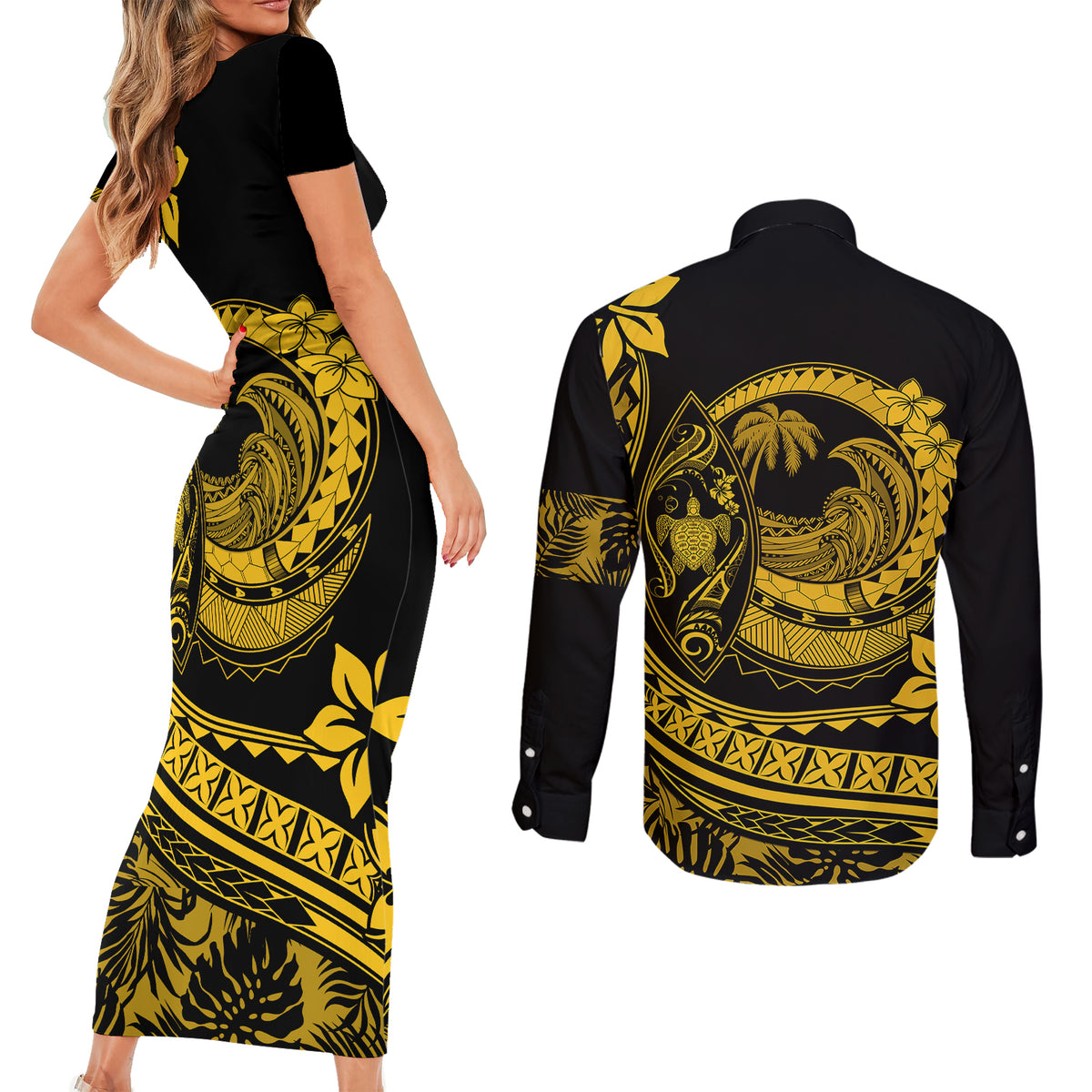 Polynesian Plumeria Couples Matching Short Sleeve Bodycon Dress and Long Sleeve Button Shirts Ride The Waves - Yellow LT7 - Polynesian Pride