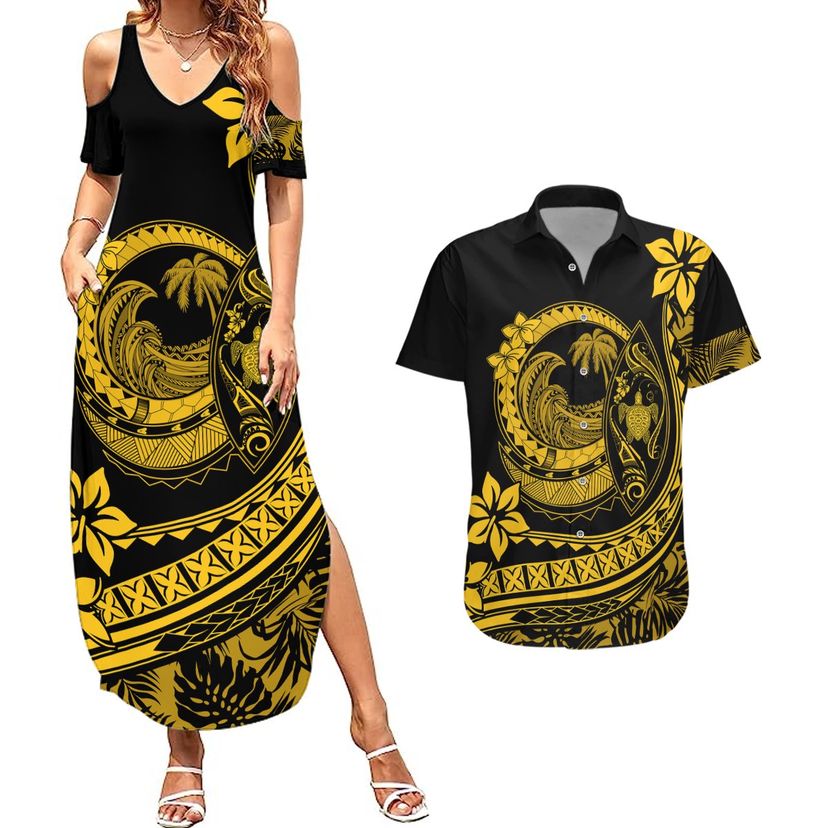 Polynesian Plumeria Couples Matching Summer Maxi Dress and Hawaiian Shirt Ride The Waves - Yellow LT7 Yellow - Polynesian Pride