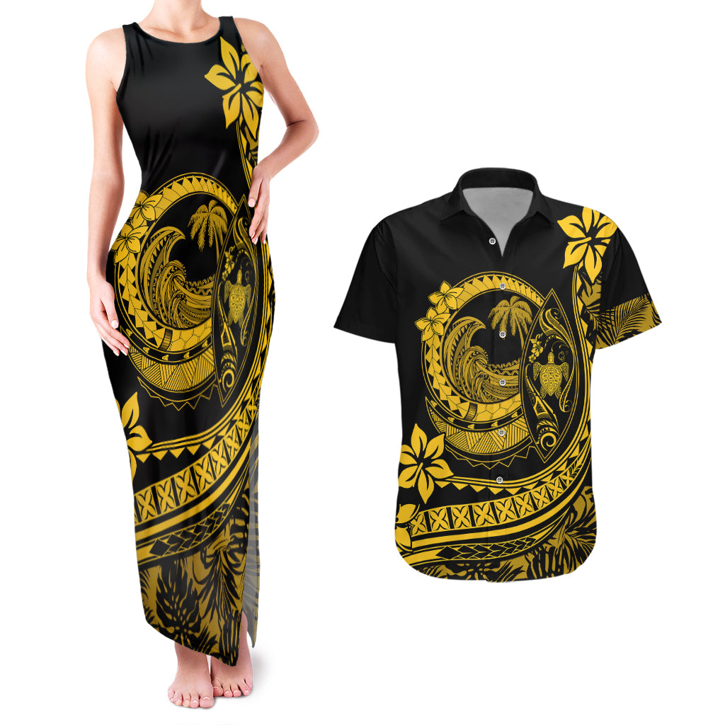 Polynesian Plumeria Couples Matching Tank Maxi Dress And Hawaiian Shirt Ride The Waves - Yellow LT7 Yellow - Polynesian Pride