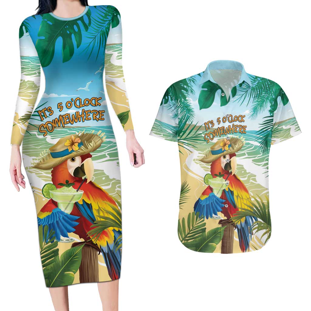 Aloha Hawaii It's 5 o'clock Somewhere Couples Matching Long Sleeve Bodycon Dress and Hawaiian Shirt - Polynesian Pride