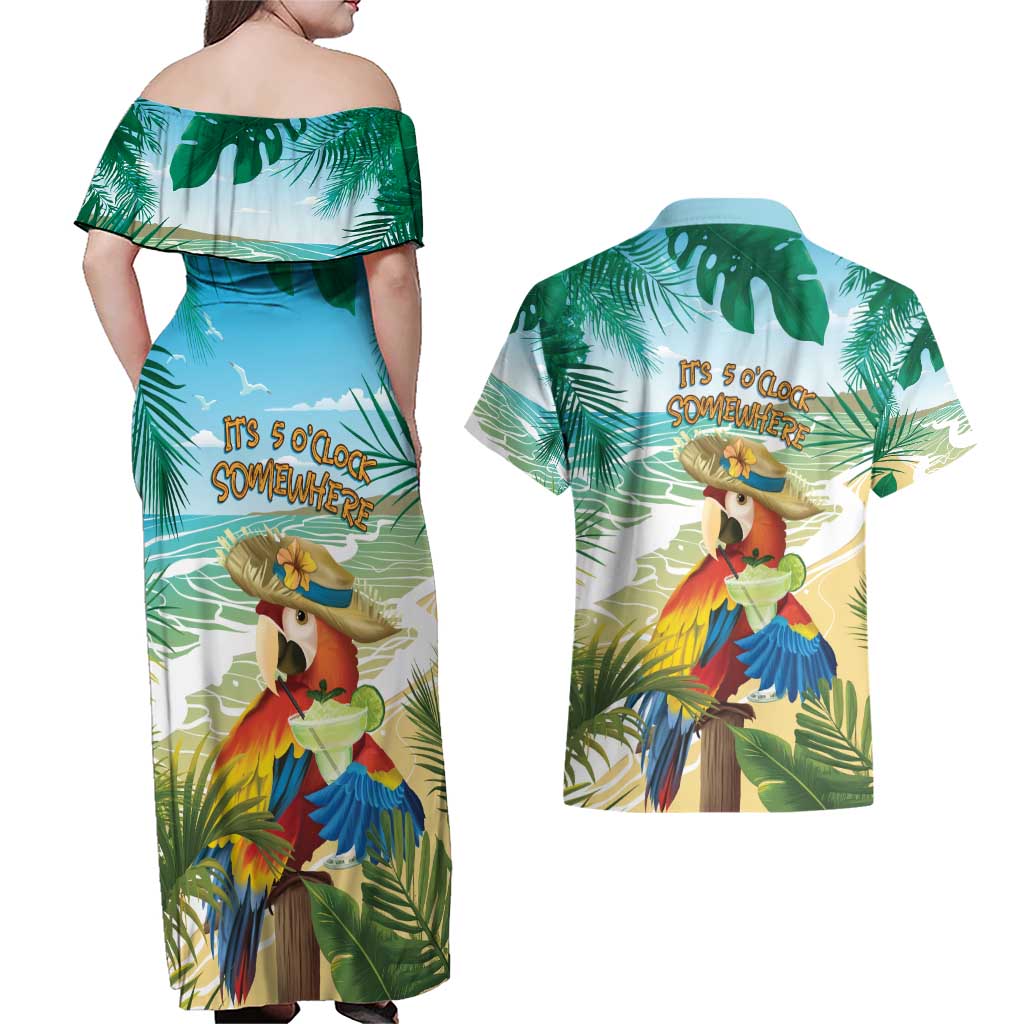 Aloha Hawaii It's 5 o'clock Somewhere Couples Matching Off Shoulder Maxi Dress and Hawaiian Shirt - Polynesian Pride