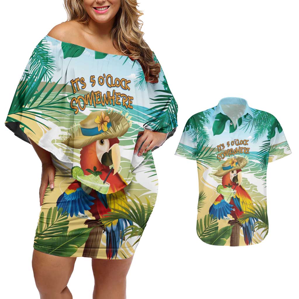 Aloha Hawaii It's 5 o'clock Somewhere Couples Matching Off Shoulder Short Dress and Hawaiian Shirt - Polynesian Pride