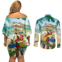 Aloha Hawaii It's 5 o'clock Somewhere Couples Matching Off Shoulder Short Dress and Long Sleeve Button Shirt - Polynesian Pride