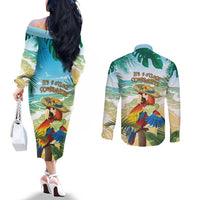 Aloha Hawaii It's 5 o'clock Somewhere Couples Matching Off The Shoulder Long Sleeve Dress and Long Sleeve Button Shirt - Polynesian Pride