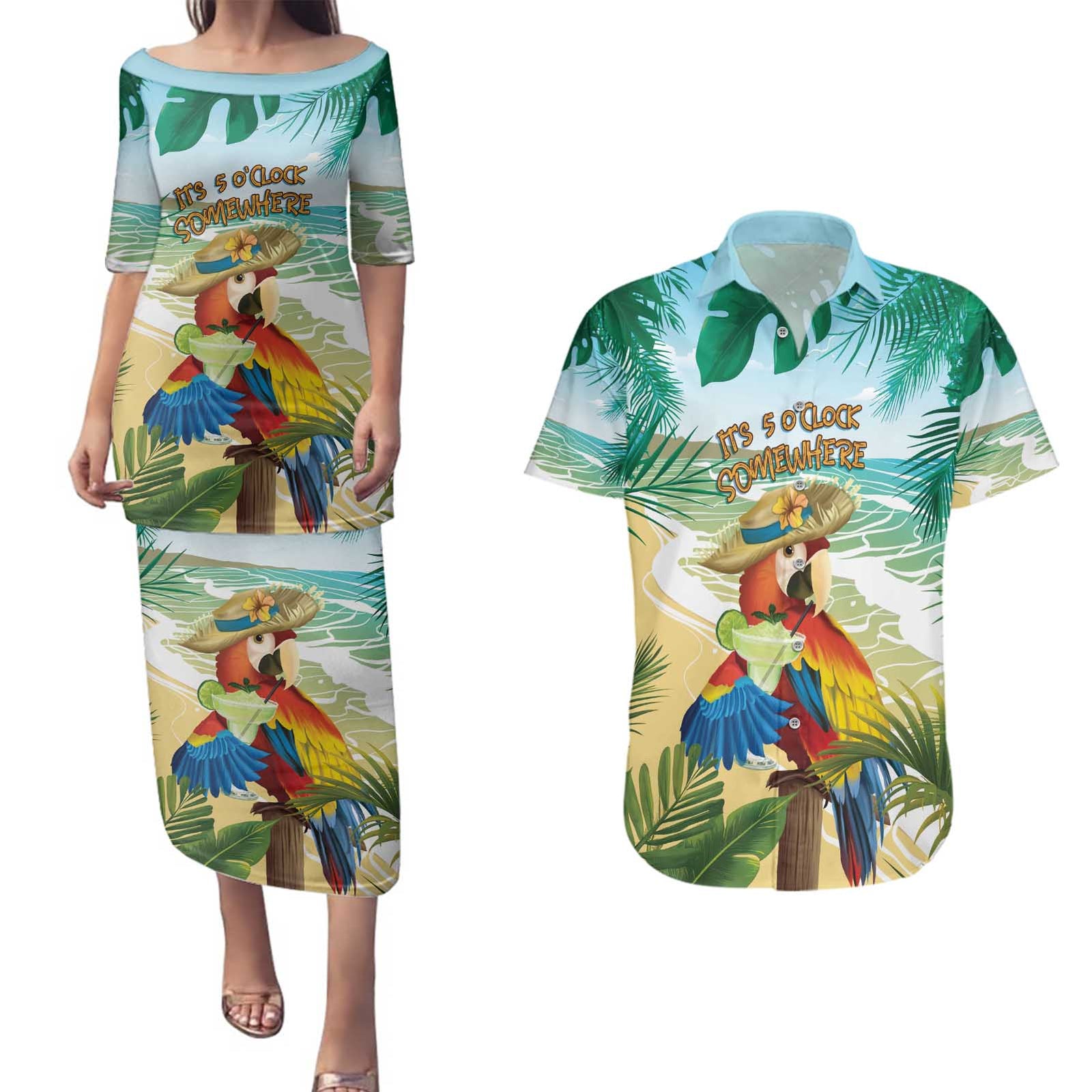 Aloha Hawaii It's 5 o'clock Somewhere Couples Matching Puletasi and Hawaiian Shirt - Polynesian Pride