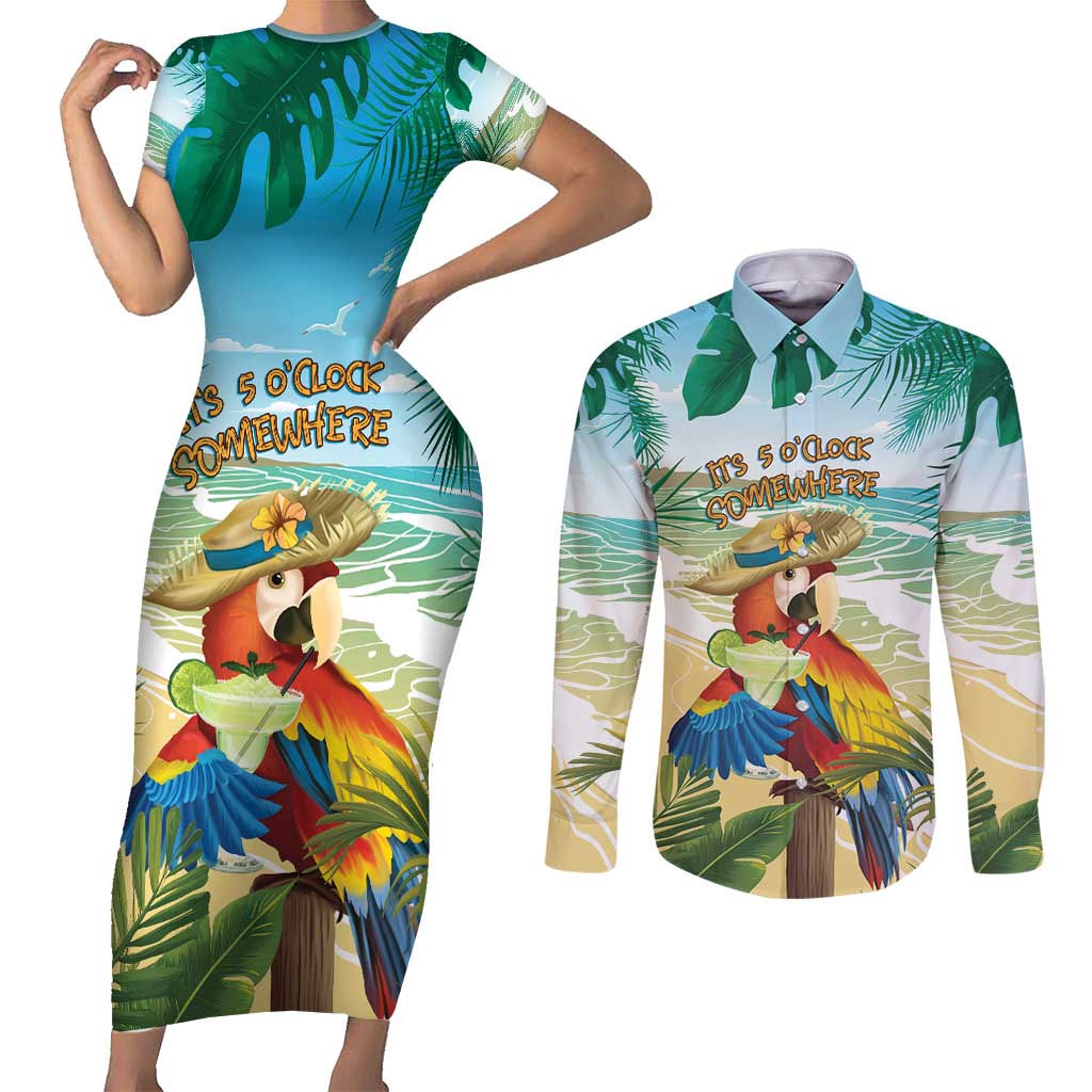 Aloha Hawaii It's 5 o'clock Somewhere Couples Matching Short Sleeve Bodycon Dress and Long Sleeve Button Shirt - Polynesian Pride