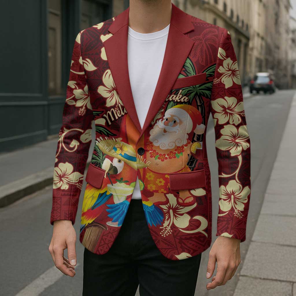 Crimson Red Tropical Christmas Hawaii Tapa Blazer Aloha Santa Drink Party - Polynesian Pride
