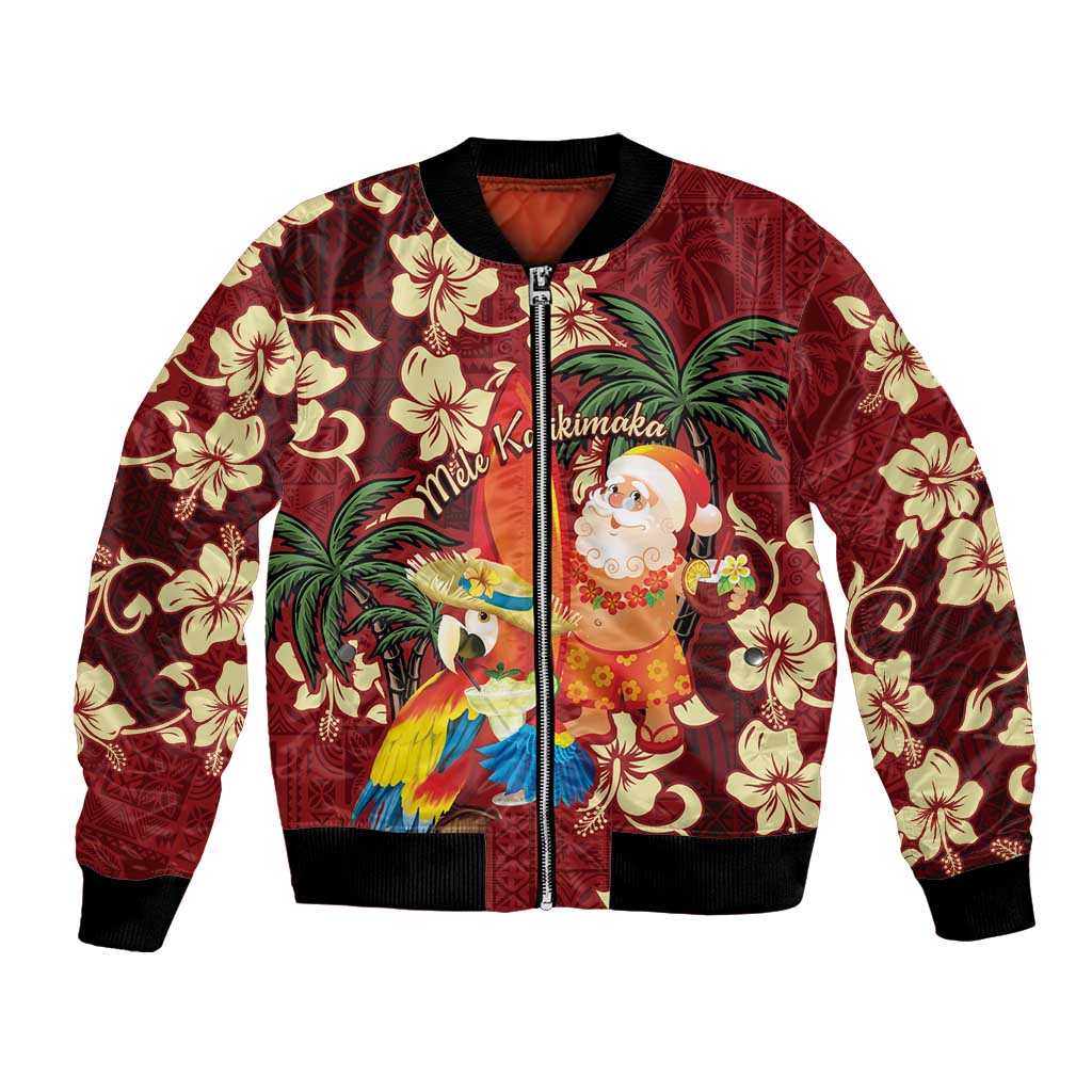 Crimson Red Tropical Christmas Hawaii Tapa Bomber Jacket Aloha Santa Drink Party - Polynesian Pride