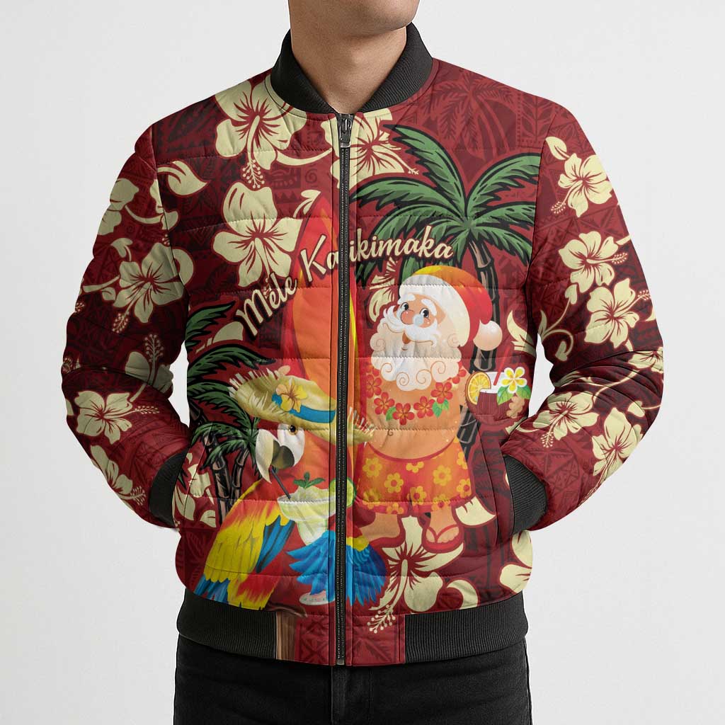 Crimson Red Tropical Christmas Hawaii Tapa Bomber Puffer Jacket Aloha Santa Drink Party - Polynesian Pride