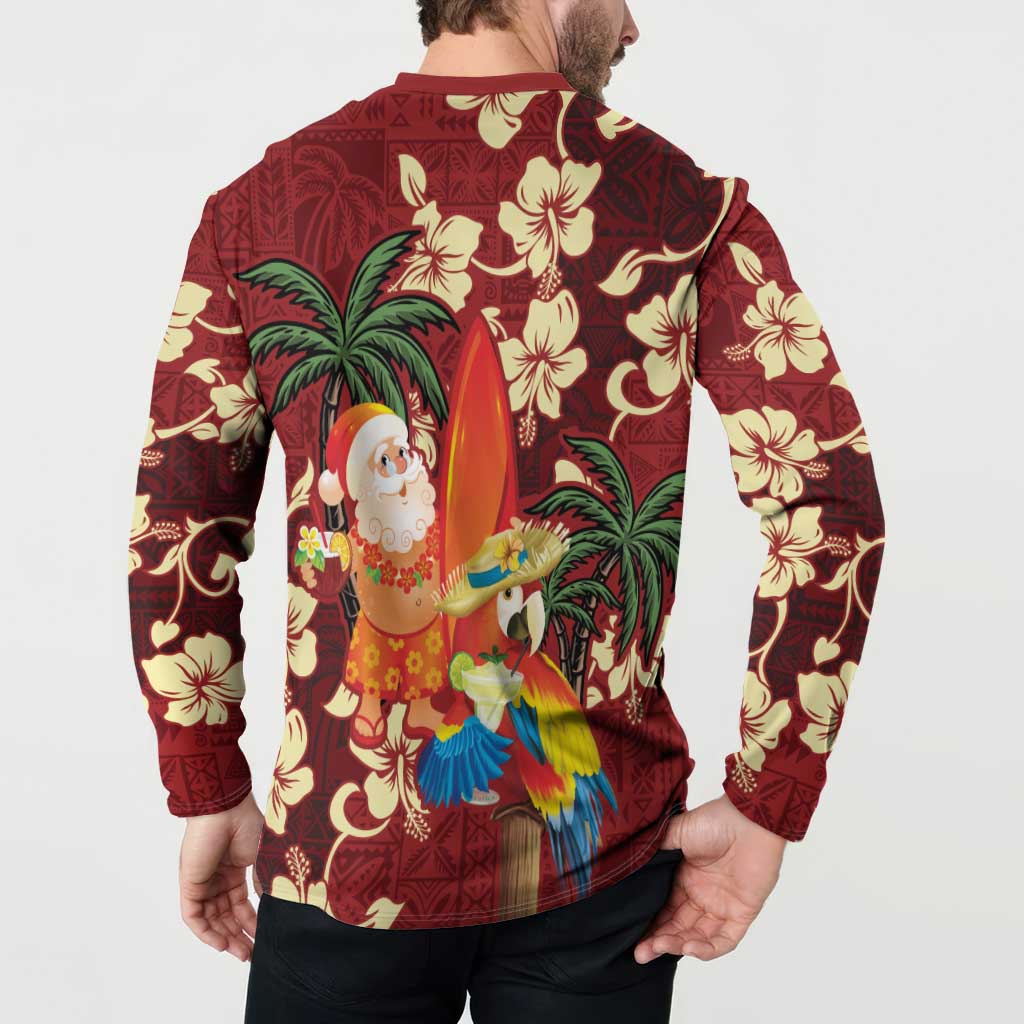 Crimson Red Tropical Christmas Hawaii Tapa Button Sweatshirt Aloha Santa Drink Party - Polynesian Pride