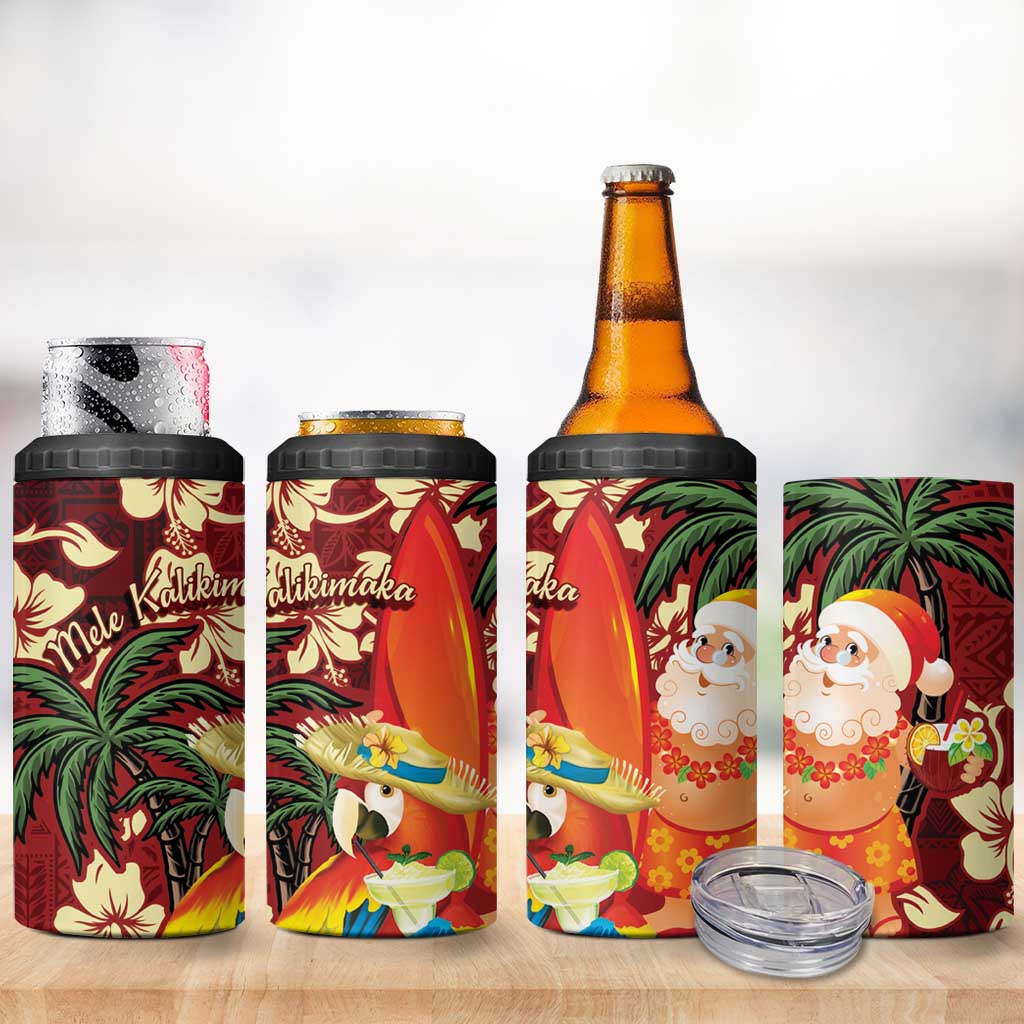 Crimson Red Tropical Christmas Hawaii Tapa 4 in 1 Can Cooler Tumbler Aloha Santa Drink Party - Polynesian Pride