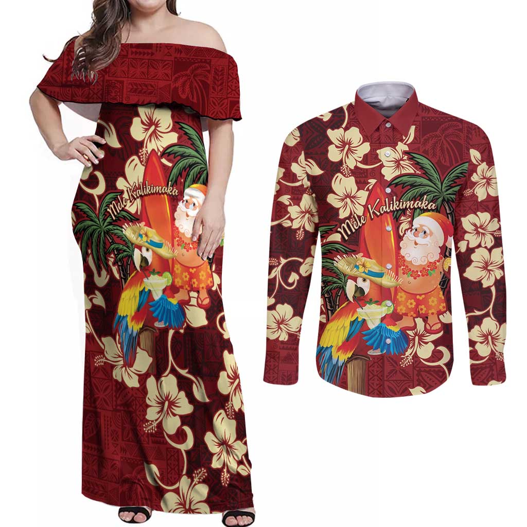 Crimson Red Tropical Christmas Hawaii Tapa Couples Matching Off Shoulder Maxi Dress and Long Sleeve Button Shirt Aloha Santa Drink Party - Polynesian Pride