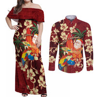 Crimson Red Tropical Christmas Hawaii Tapa Couples Matching Off Shoulder Maxi Dress and Long Sleeve Button Shirt Aloha Santa Drink Party - Polynesian Pride