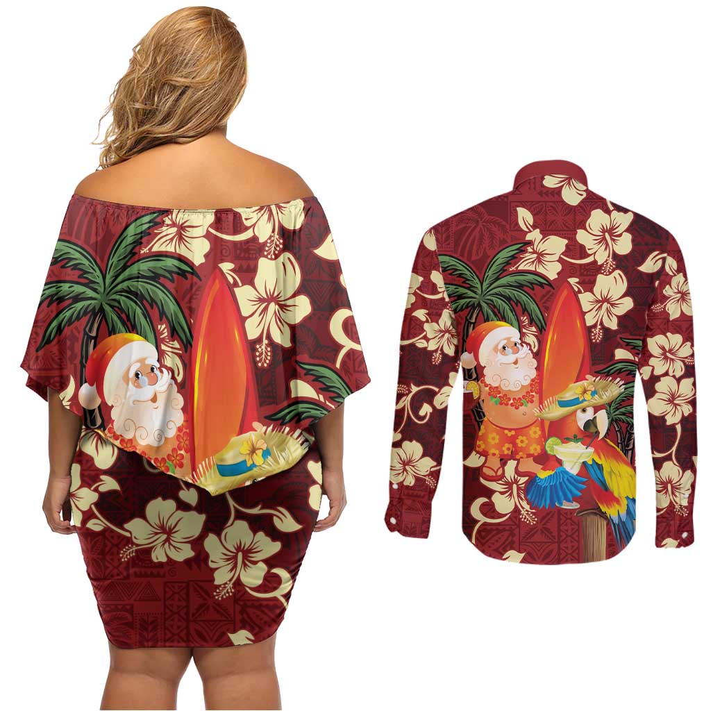 Crimson Red Tropical Christmas Hawaii Tapa Couples Matching Off Shoulder Short Dress and Long Sleeve Button Shirt Aloha Santa Drink Party - Polynesian Pride