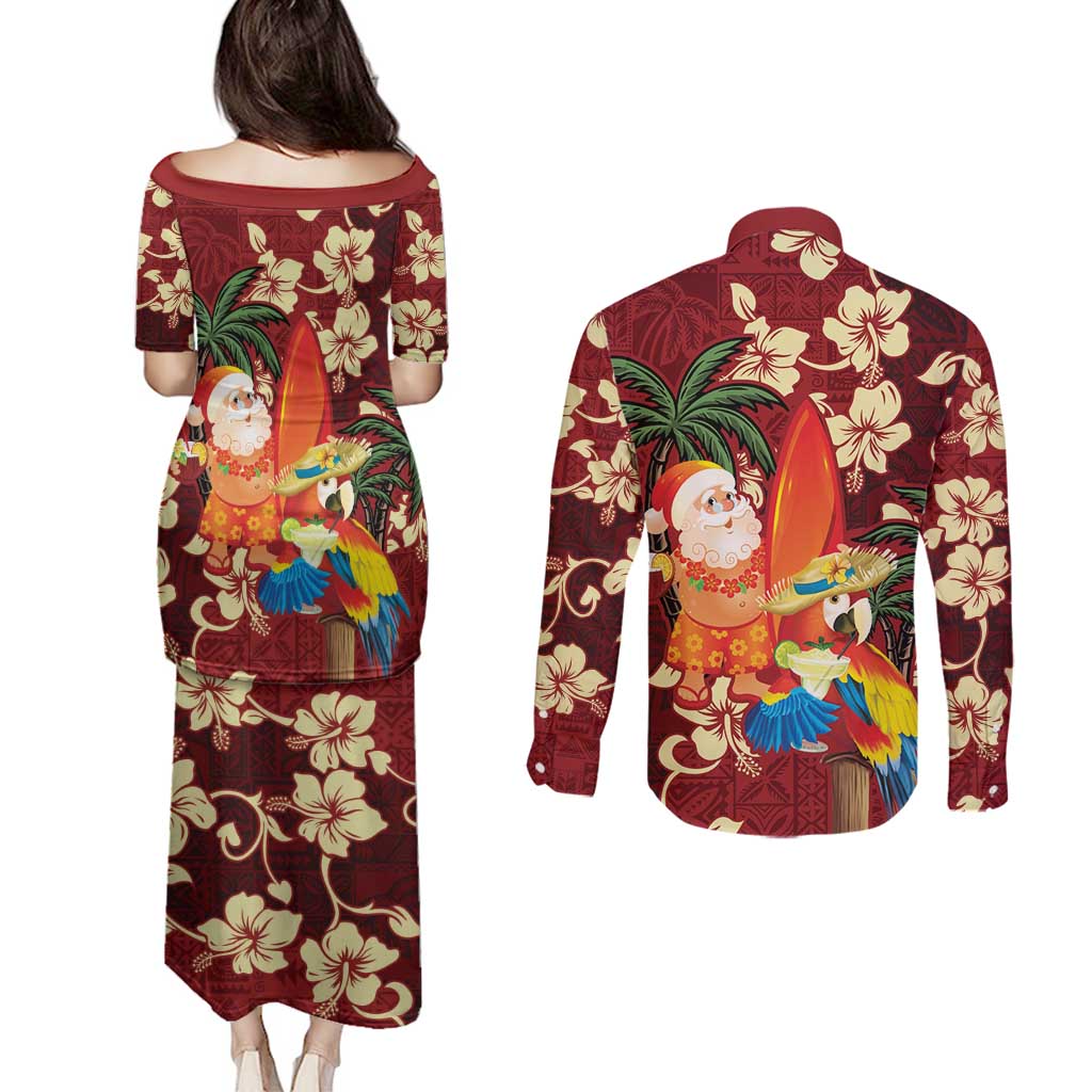 Crimson Red Tropical Christmas Hawaii Tapa Couples Matching Puletasi and Long Sleeve Button Shirt Aloha Santa Drink Party - Polynesian Pride