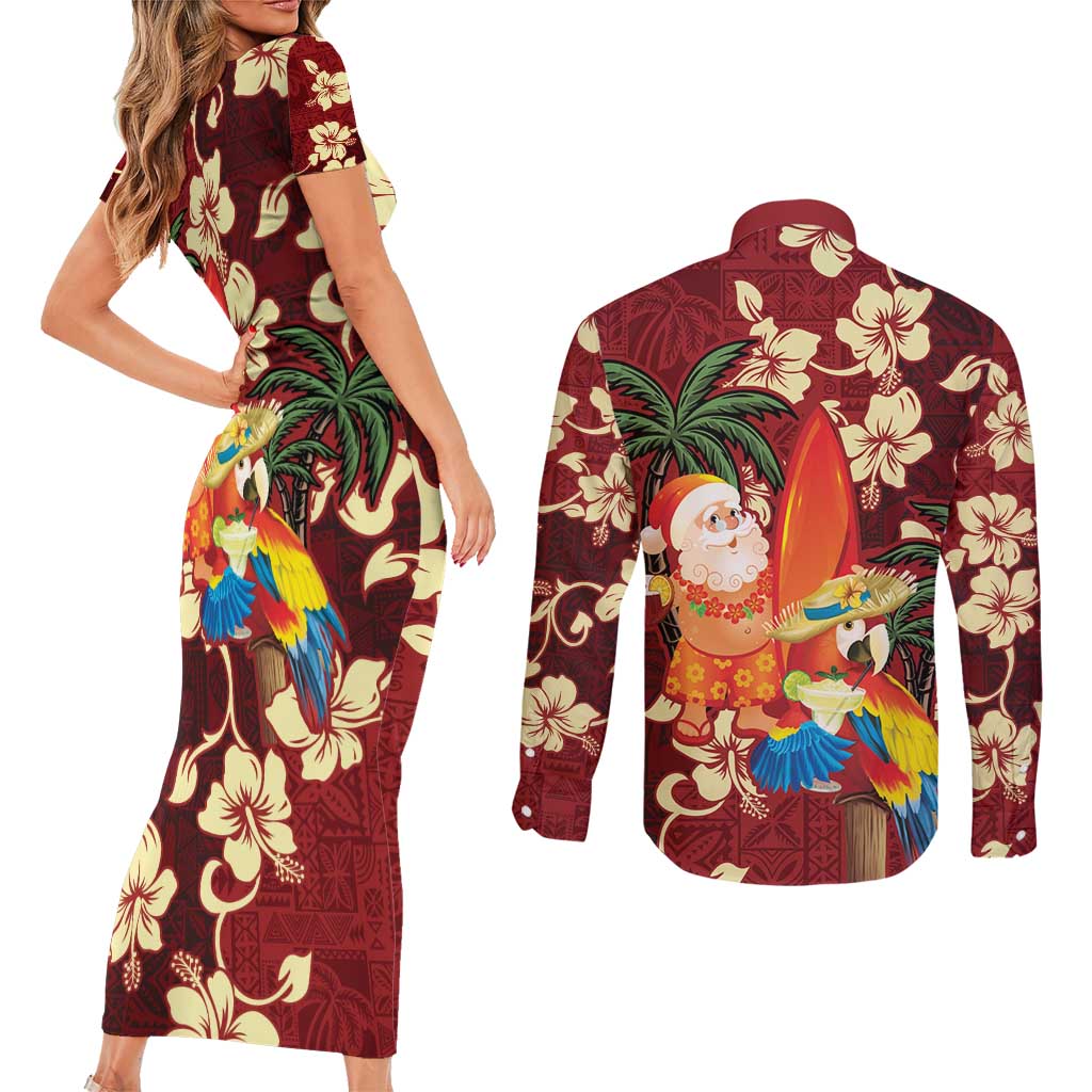 Crimson Red Tropical Christmas Hawaii Tapa Couples Matching Short Sleeve Bodycon Dress and Long Sleeve Button Shirt Aloha Santa Drink Party - Polynesian Pride
