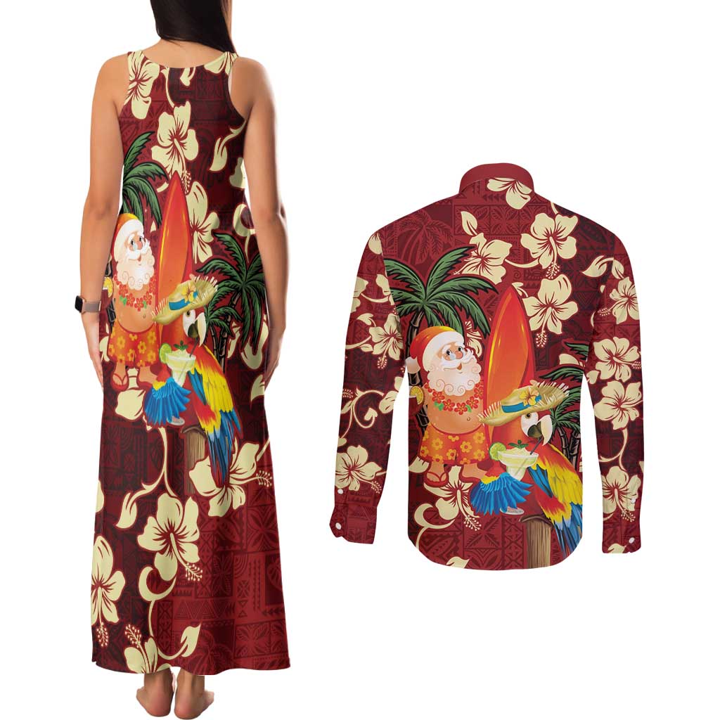 Crimson Red Tropical Christmas Hawaii Tapa Couples Matching Tank Maxi Dress and Long Sleeve Button Shirt Aloha Santa Drink Party - Polynesian Pride
