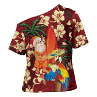Crimson Red Tropical Christmas Hawaii Tapa Cross Shoulder Shirt Aloha Santa Drink Party - Polynesian Pride
