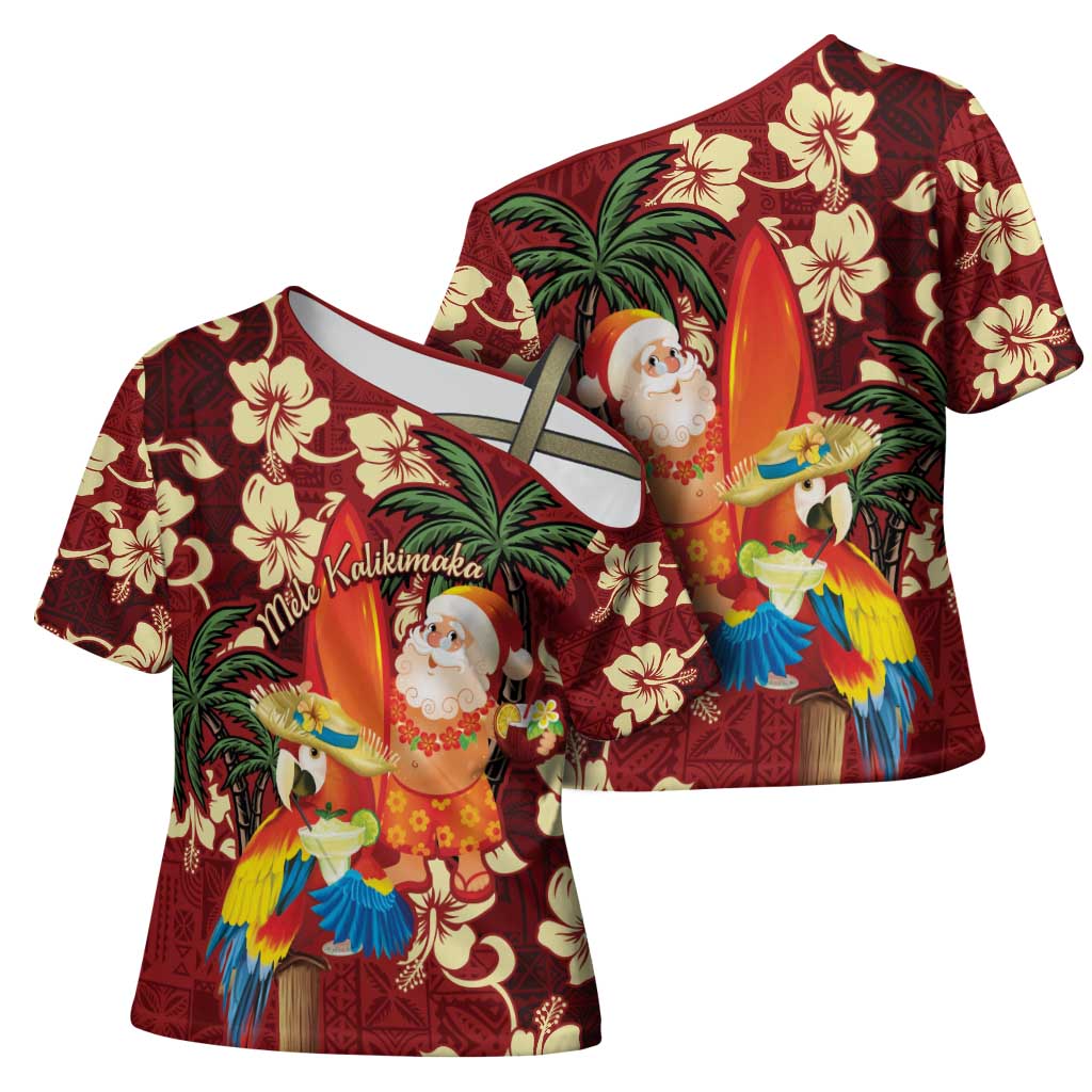 Crimson Red Tropical Christmas Hawaii Tapa Cross Shoulder Shirt Aloha Santa Drink Party - Polynesian Pride