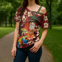 Crimson Red Tropical Christmas Hawaii Tapa Cross Shoulder Shirt Aloha Santa Drink Party - Polynesian Pride