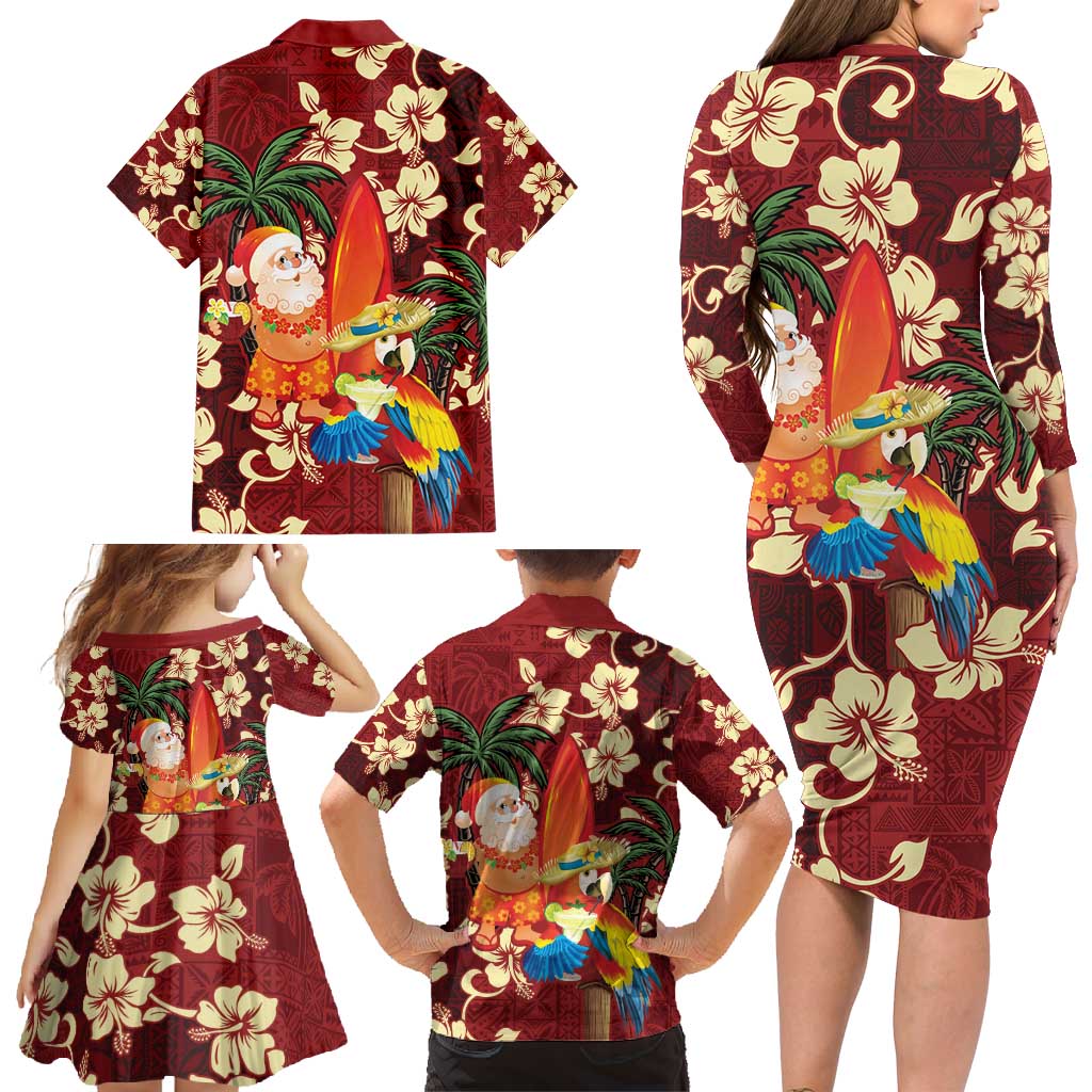 Crimson Red Tropical Christmas Hawaii Tapa Family Matching Long Sleeve Bodycon Dress and Hawaiian Shirt Aloha Santa Drink Party - Polynesian Pride