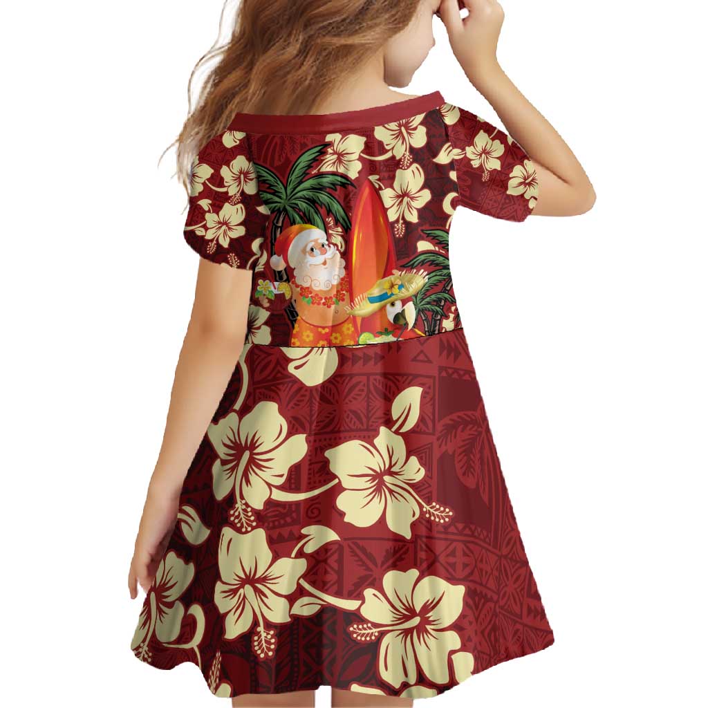 Crimson Red Tropical Christmas Hawaii Tapa Family Matching Off Shoulder Maxi Dress and Hawaiian Shirt Aloha Santa Drink Party - Polynesian Pride