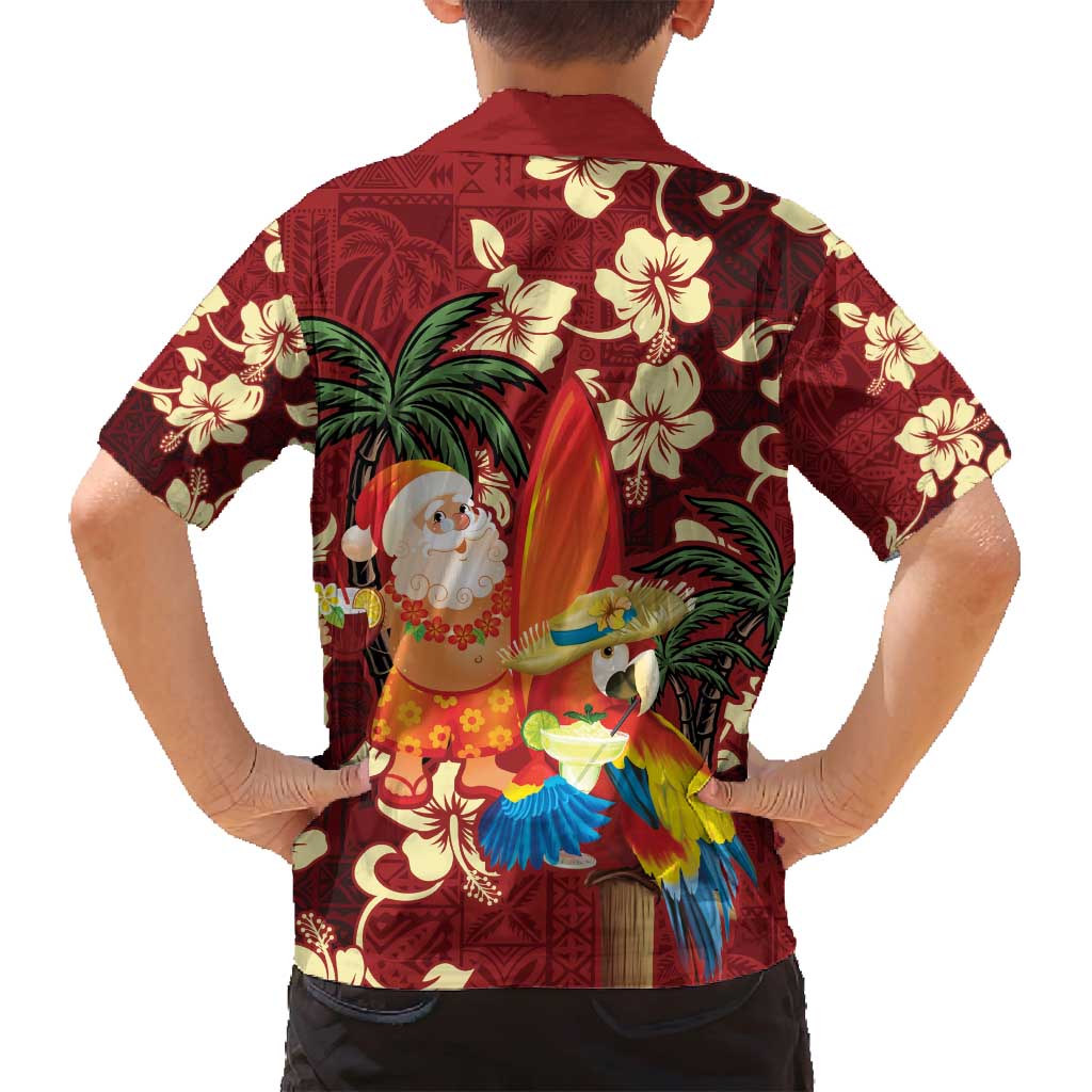 Crimson Red Tropical Christmas Hawaii Tapa Family Matching Off Shoulder Short Dress and Hawaiian Shirt Aloha Santa Drink Party - Polynesian Pride