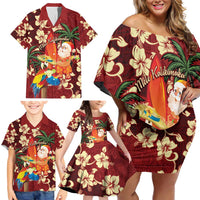 Crimson Red Tropical Christmas Hawaii Tapa Family Matching Off Shoulder Short Dress and Hawaiian Shirt Aloha Santa Drink Party - Polynesian Pride