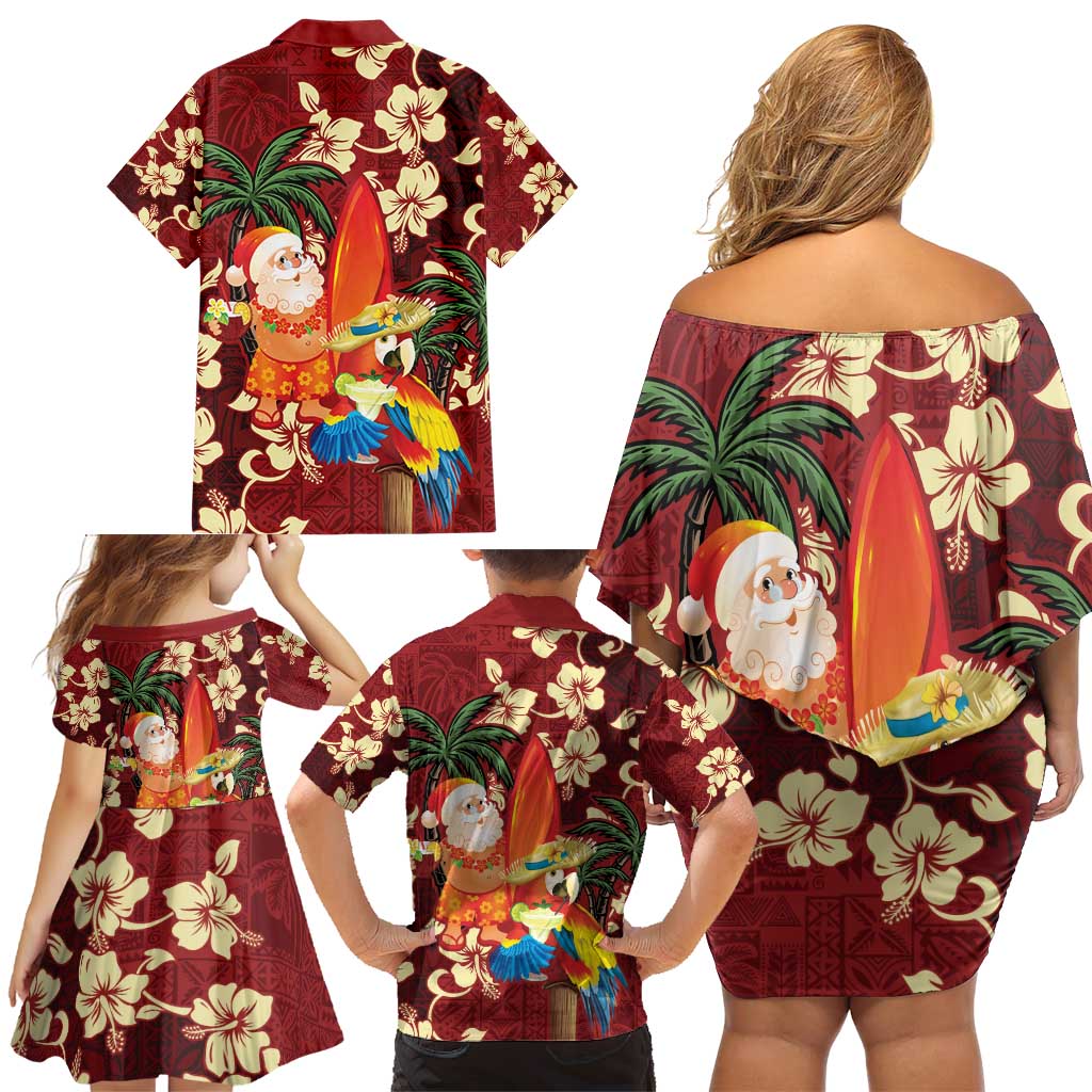 Crimson Red Tropical Christmas Hawaii Tapa Family Matching Off Shoulder Short Dress and Hawaiian Shirt Aloha Santa Drink Party - Polynesian Pride