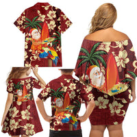 Crimson Red Tropical Christmas Hawaii Tapa Family Matching Off Shoulder Short Dress and Hawaiian Shirt Aloha Santa Drink Party - Polynesian Pride