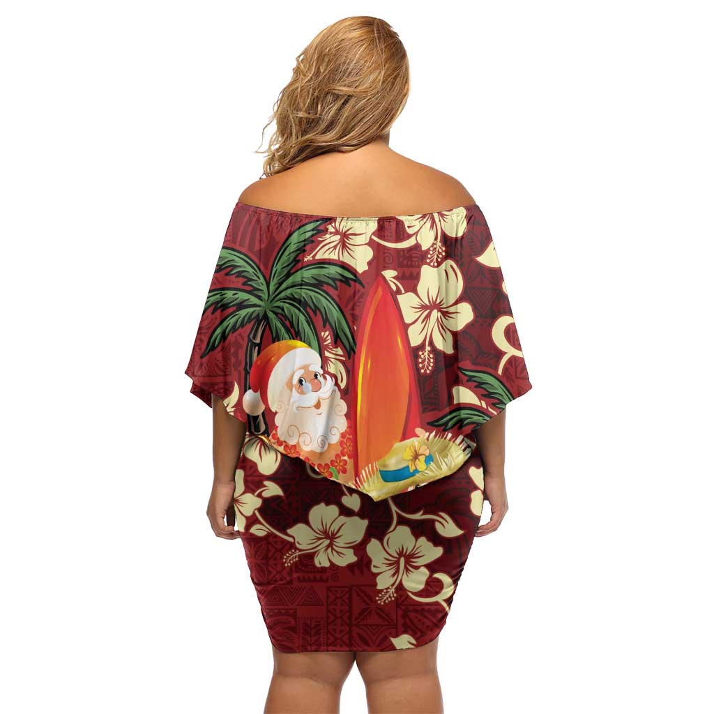 Crimson Red Tropical Christmas Hawaii Tapa Family Matching Off Shoulder Short Dress and Hawaiian Shirt Aloha Santa Drink Party - Polynesian Pride