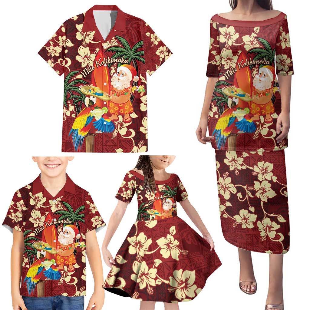 Crimson Red Tropical Christmas Hawaii Tapa Family Matching Puletasi and Hawaiian Shirt Aloha Santa Drink Party - Polynesian Pride