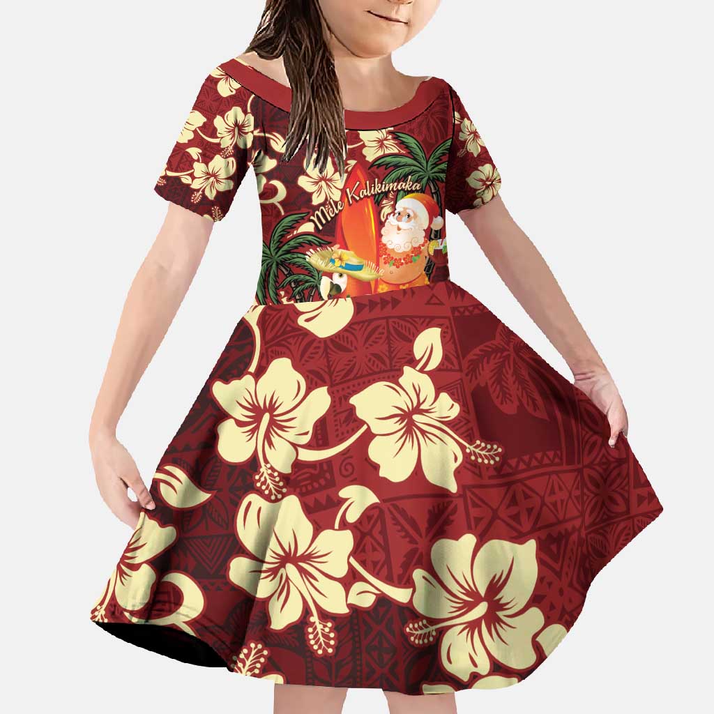 Crimson Red Tropical Christmas Hawaii Tapa Family Matching Short Sleeve Bodycon Dress and Hawaiian Shirt Aloha Santa Drink Party - Polynesian Pride