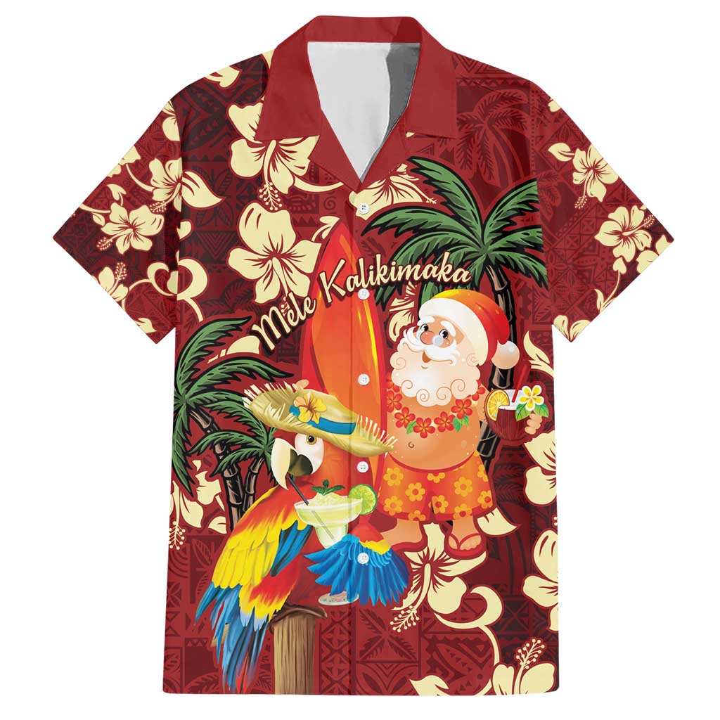 Crimson Red Tropical Christmas Hawaii Tapa Family Matching Short Sleeve Bodycon Dress and Hawaiian Shirt Aloha Santa Drink Party - Polynesian Pride
