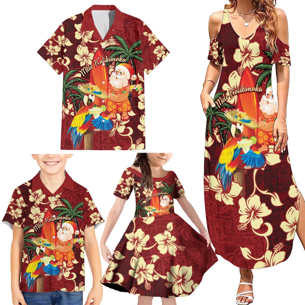 Crimson Red Tropical Christmas Hawaii Tapa Family Matching Summer Maxi Dress and Hawaiian Shirt Aloha Santa Drink Party - Polynesian Pride