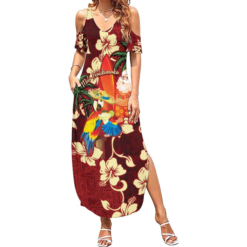 Crimson Red Tropical Christmas Hawaii Tapa Family Matching Summer Maxi Dress and Hawaiian Shirt Aloha Santa Drink Party - Polynesian Pride