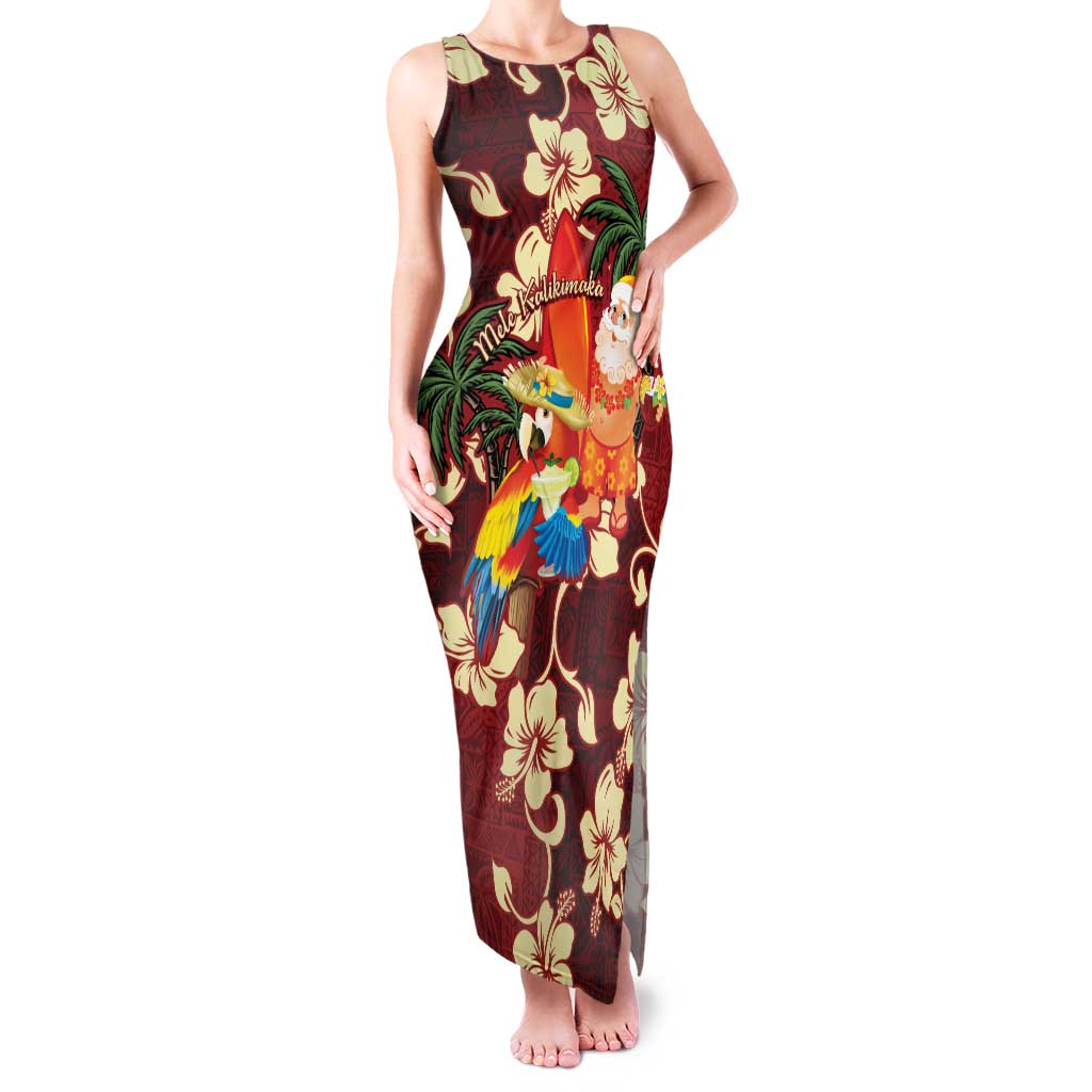 Crimson Red Tropical Christmas Hawaii Tapa Family Matching Tank Maxi Dress and Hawaiian Shirt Aloha Santa Drink Party - Polynesian Pride
