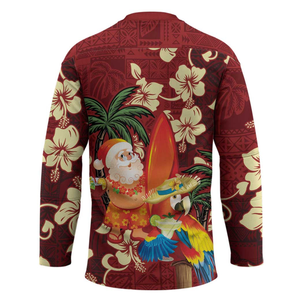 Crimson Red Tropical Christmas Hawaii Tapa Hockey Jersey Aloha Santa Drink Party - Polynesian Pride