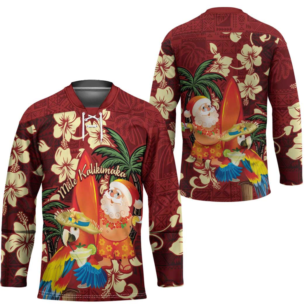 Crimson Red Tropical Christmas Hawaii Tapa Hockey Jersey Aloha Santa Drink Party - Polynesian Pride