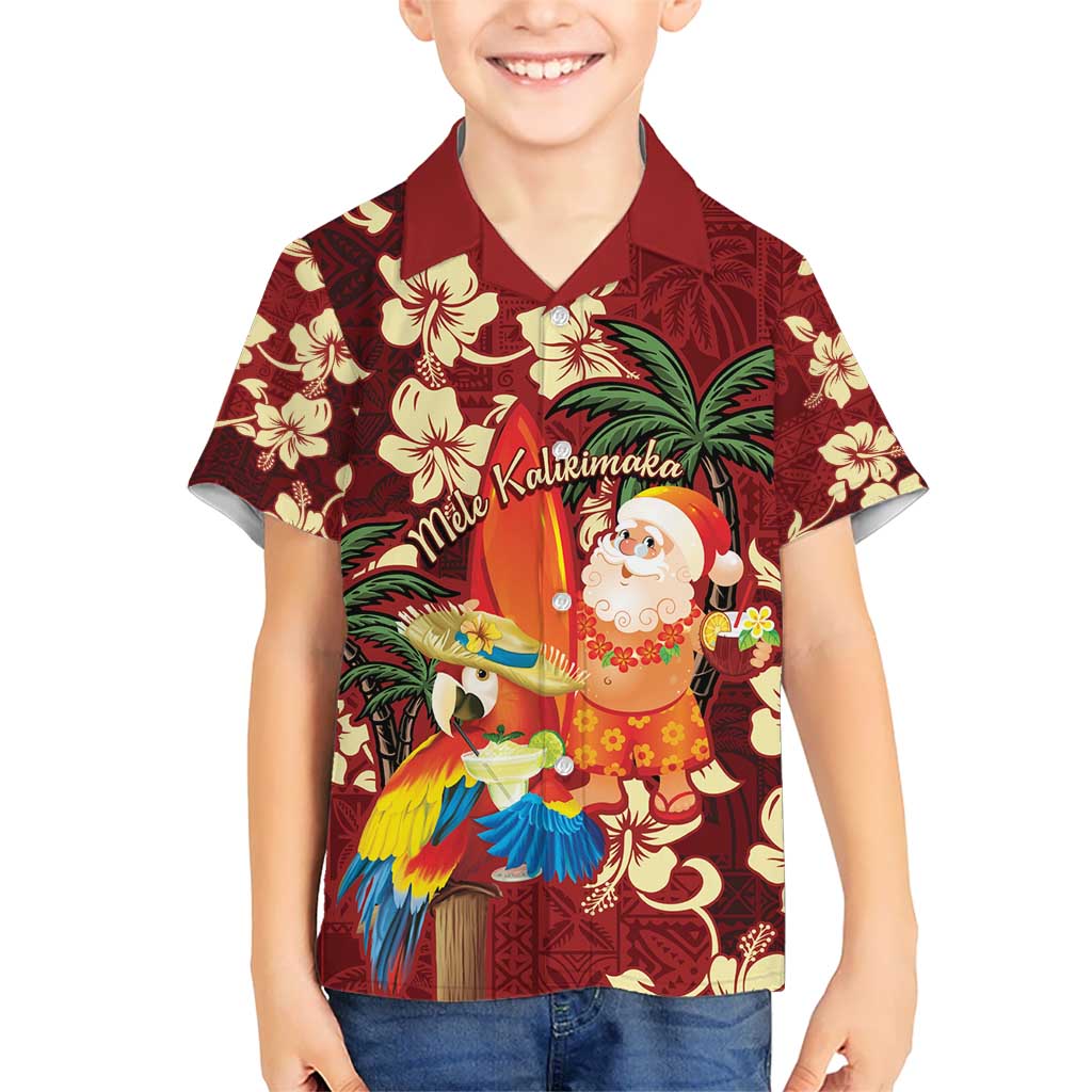 Crimson Red Tropical Christmas Hawaii Tapa Kid Hawaiian Shirt Aloha Santa Drink Party - Polynesian Pride