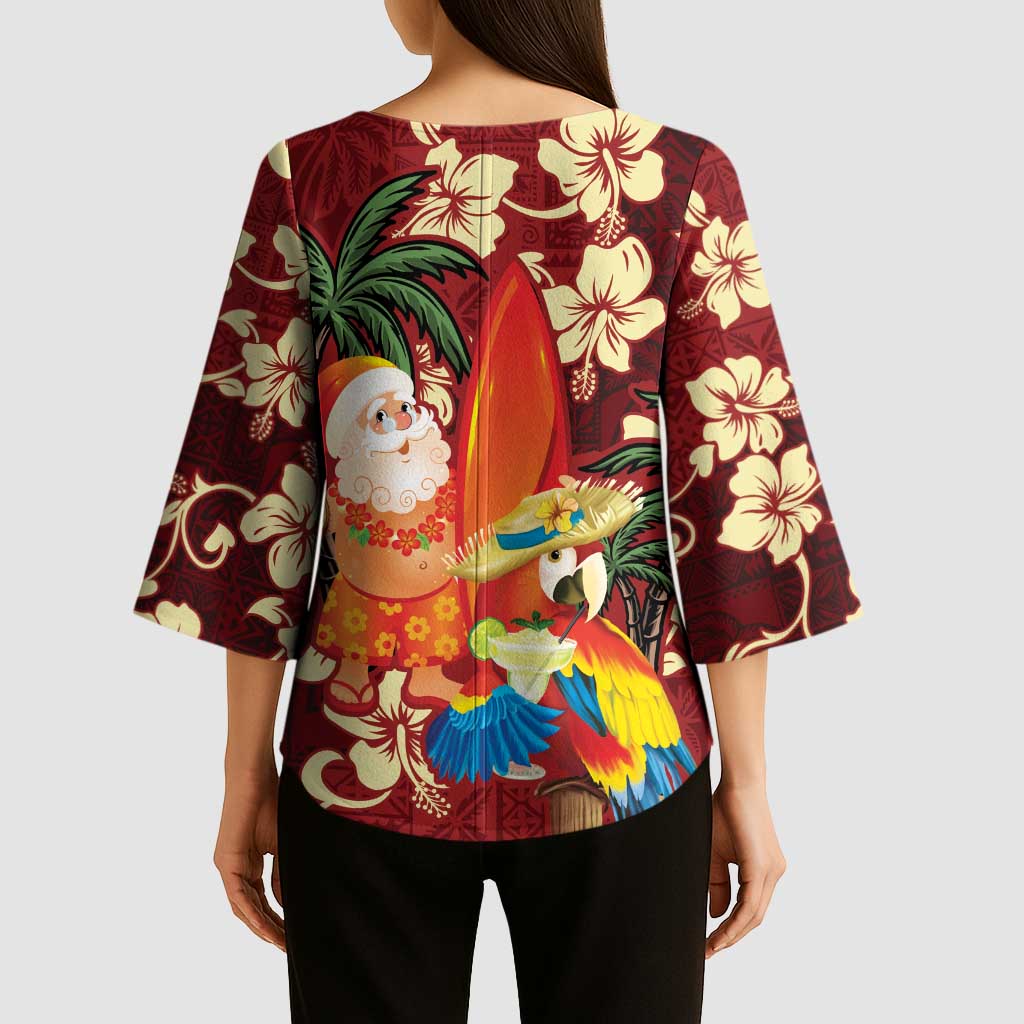 Crimson Red Tropical Christmas Hawaii Tapa Kimono Sleeve Blouse Aloha Santa Drink Party - Polynesian Pride