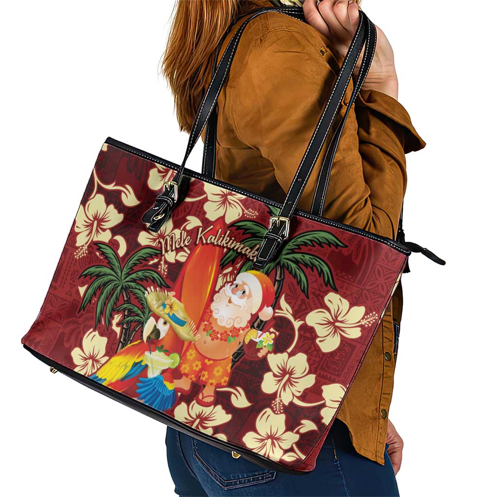Crimson Red Tropical Christmas Hawaii Tapa Leather Tote Bag Aloha Santa Drink Party - Polynesian Pride