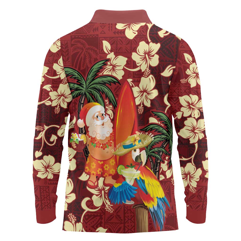 Crimson Red Tropical Christmas Hawaii Tapa Long Sleeve Polo Shirt Aloha Santa Drink Party - Polynesian Pride
