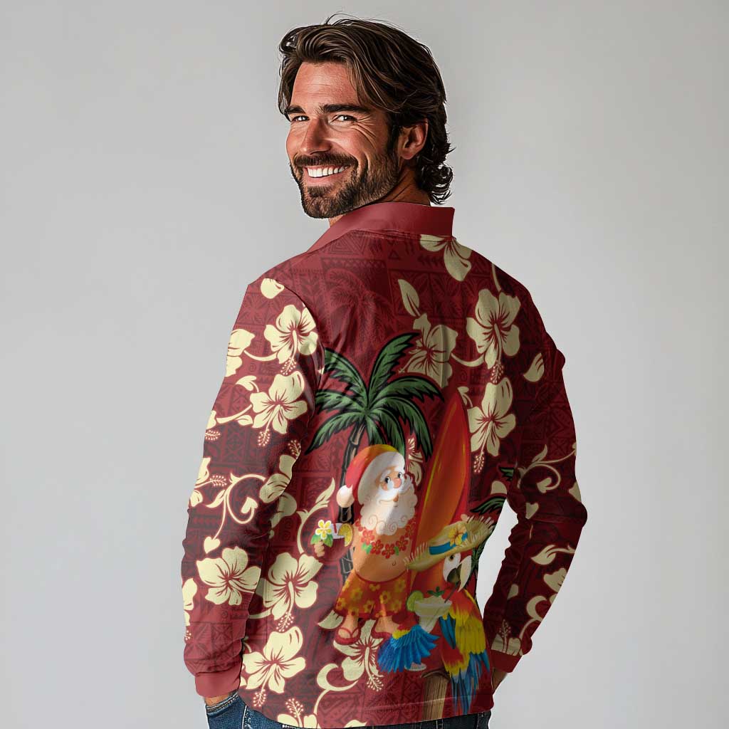 Crimson Red Tropical Christmas Hawaii Tapa Long Sleeve Polo Shirt Aloha Santa Drink Party - Polynesian Pride