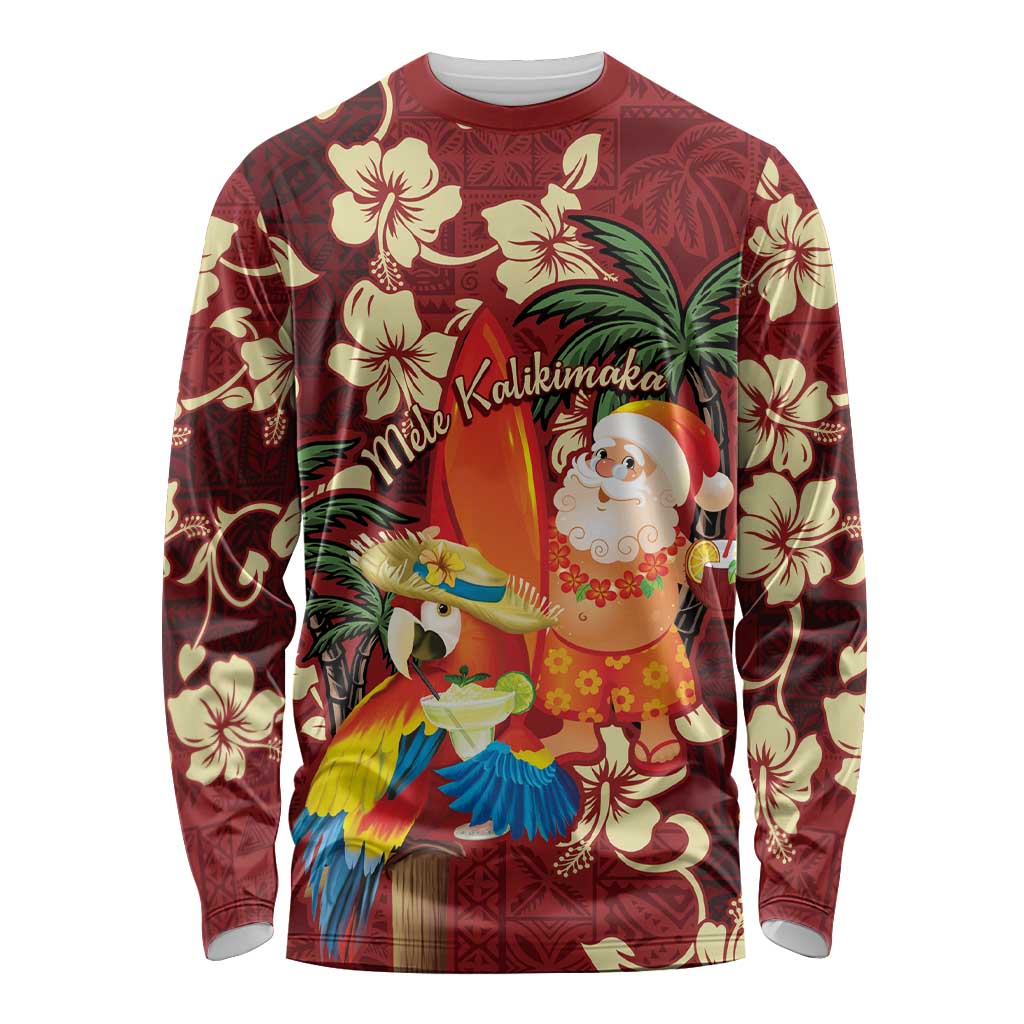 Crimson Red Tropical Christmas Hawaii Tapa Long Sleeve Shirt Aloha Santa Drink Party - Polynesian Pride